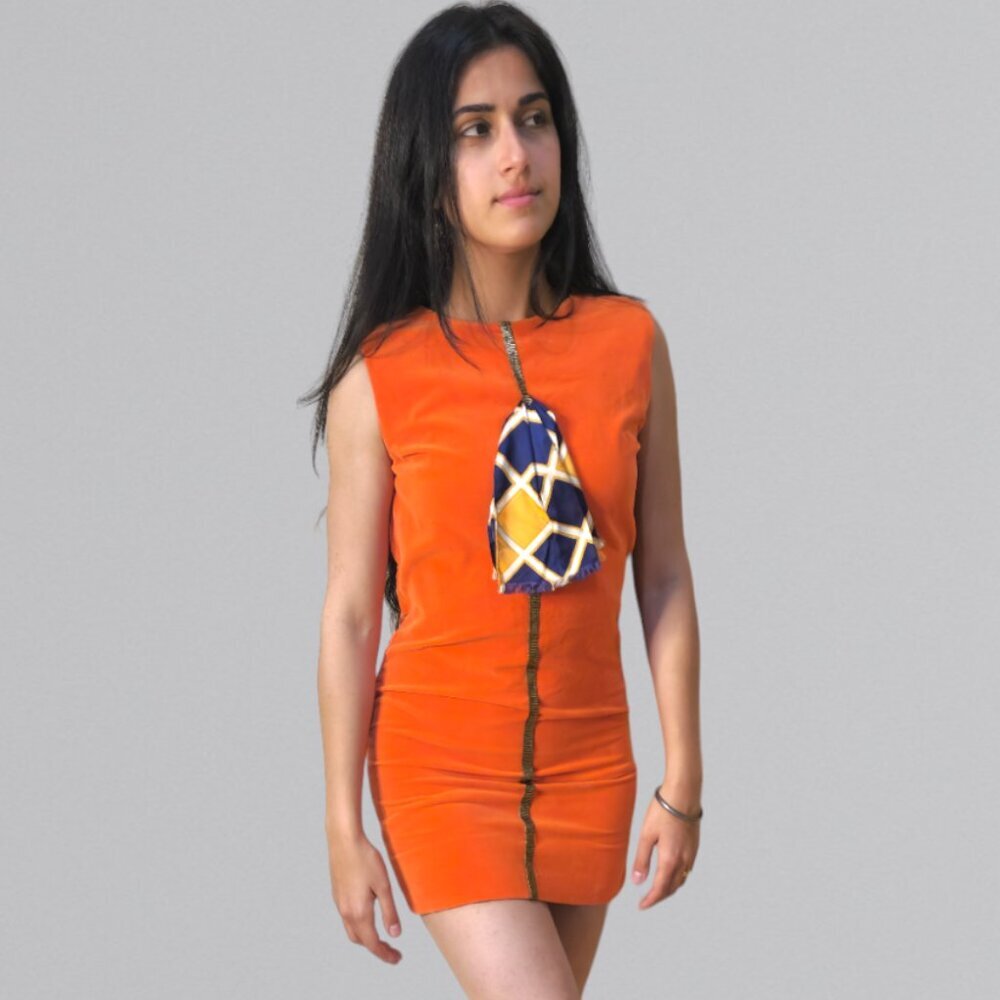 1960's Vintage Orange Velour Dress with Bow & Gold Metallic Ribbon